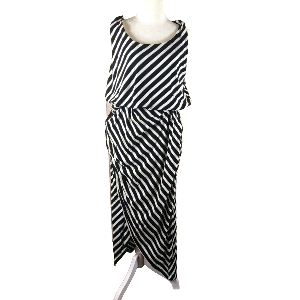 Chico's Black White Stripe Long Sleeveless Maxi Dress Sz 2 Large Women Stretch